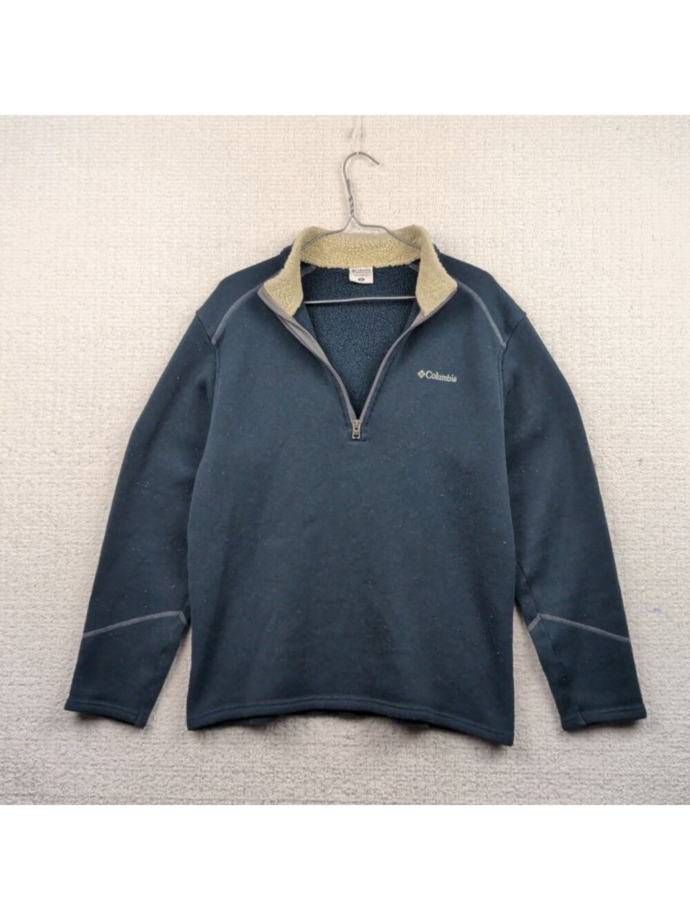 Columbia Sweater Pullover Quarter Zip Fleece Lined Sherpa Collar Mens Sz M Blue*